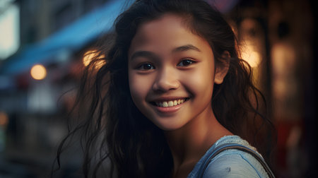 Portrait of a beautiful smiling asian girl in the city.の素材
