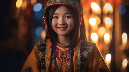Portrait of a beautiful young asian woman in traditional costume at nightの素材