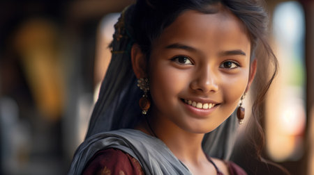 Portrait of a beautiful indian girl smiling at the camera.の素材