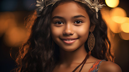 beautiful african american girl in wreath of feathers smiling at cameraの素材