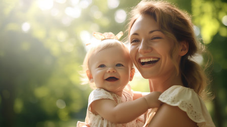 Happy mother and daughter in the park on a sunny summer day.の素材