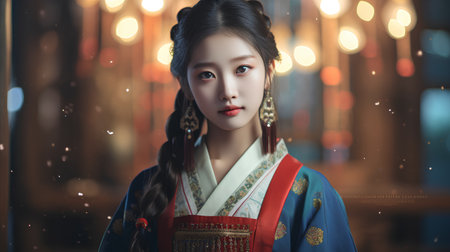 Portrait of a beautiful asian woman in kimono.の素材