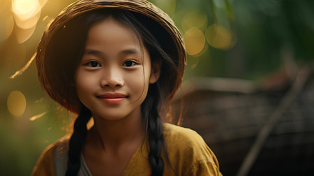 Portrait of a cute little Asian girl in a straw hat.の素材