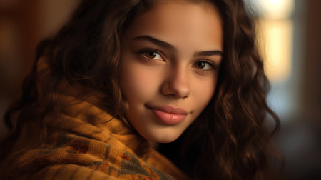 Portrait of a beautiful young woman with long curly hair in a warm scarfの素材