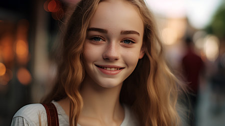 Portrait of a smiling young woman with freckles on her face.の素材