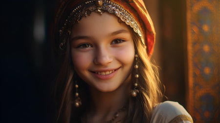 Portrait of a beautiful little girl in a turban on the headの素材