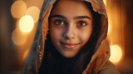Portrait of a beautiful young girl in a hood. Fashion photo.の素材