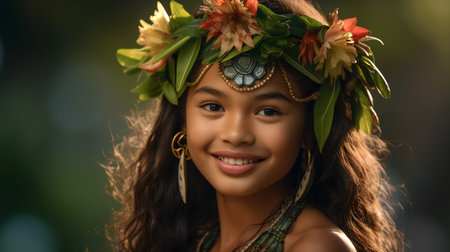 Portrait of a beautiful young asian woman with flowers in her hairの素材