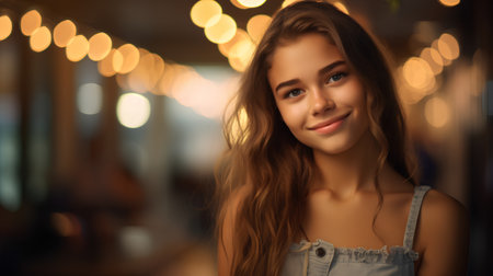 Portrait of a beautiful young woman smiling at the camera in a cafe.の素材