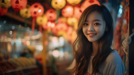 Beautiful asian woman smiling and enjoy with chinese lanterns at nightの素材