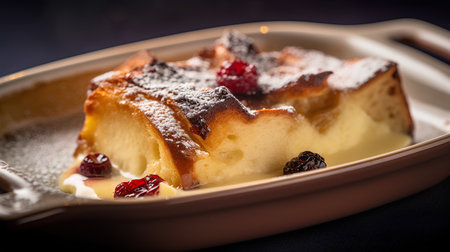 Cottage cheese casserole with berries on a dark background.の素材