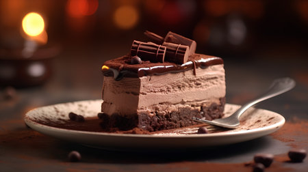 Chocolate cake with chocolate shavings on a dark background.の素材