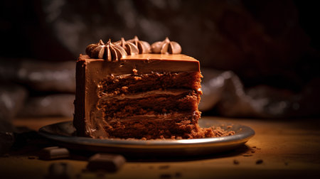 Chocolate cake on a plate on a wooden background. Selective focus. Toned.の素材