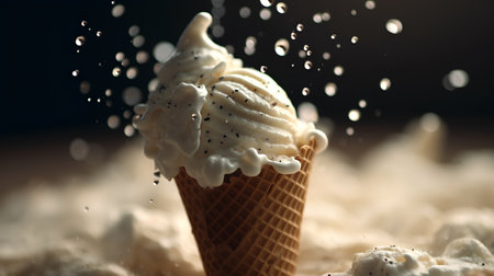ice cream in waffle cone with splashes of water on dark backgroundの素材