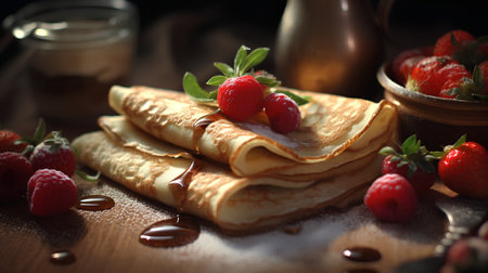 Pancakes with raspberries and honey on a wooden backgroundの素材