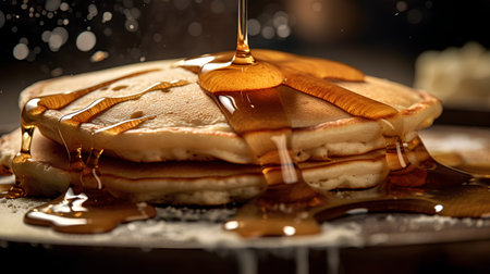 Pancakes with honey and maple syrup on a dark background.の素材