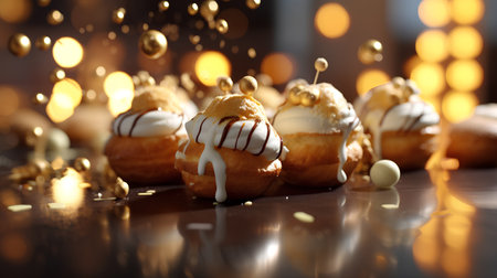 Eclairs with cream and chocolate glaze on bokeh backgroundの素材
