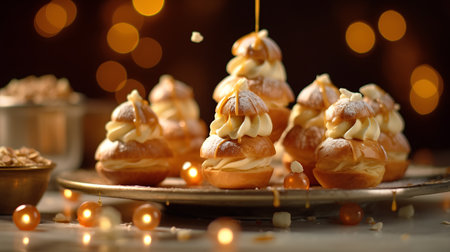 Eclairs with cream and caramel on a background of Christmas lightsの素材