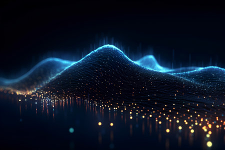 3d rendering abstract digital wave with particles on dark background. Network connection structure.の素材