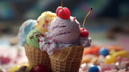 Ice cream in waffle cone on blurred background, close-upの素材