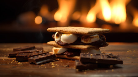 Cookies with marshmallow and chocolate on a wooden table in front of a fireplaceの素材