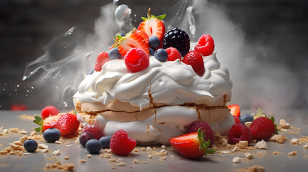 Cake Pavlova with whipped cream and fresh berries on a dark backgroundの素材