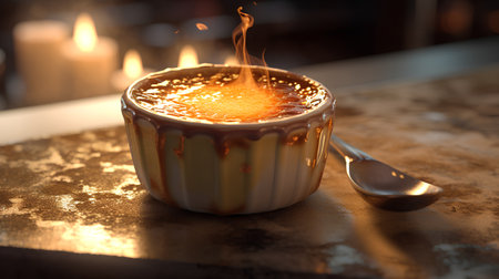 Coffee cup with flame on a table in a cafe.の素材