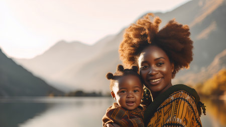 Portrait of happy african american mother and daughter in autumn mountainsの素材