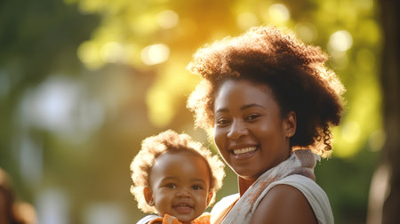 Happy african american mother with her little daughter in the parkの素材
