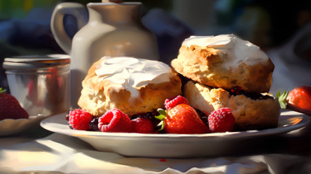 Strawberry and cream scones with fresh berries on a plateの素材