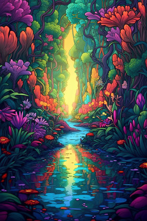 Beautiful fantasy landscape with river, forest and flowers. Vector illustration.の素材