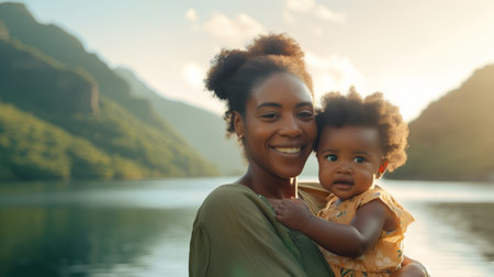 African American mother with her little daughter on the riverside at sunsetの素材