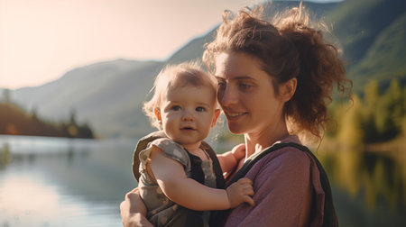 Happy mother and baby on the background of a mountain lake at sunsetの素材