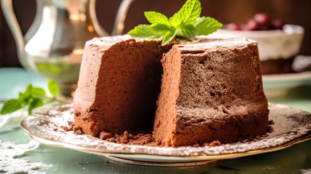 Chocolate cake with cherries and mint. Selective focus.の素材
