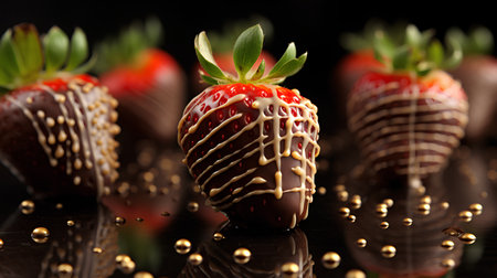 Strawberries covered with chocolate glaze on a black background.の素材