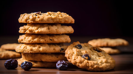 Homemade oatmeal cookies with raisins on wooden background.の素材