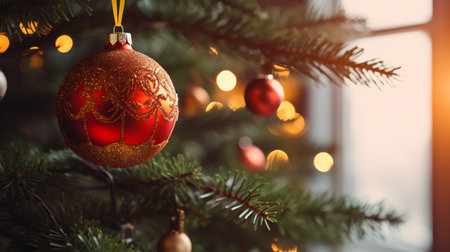 Decorated Christmas tree on blurred background with bokeh effectの素材