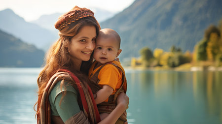 Mother with baby on the background of a beautiful mountain lake. Traveling with a child concept.の素材