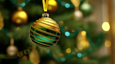 Christmas tree decoration with baubles on blurred bokeh backgroundの素材