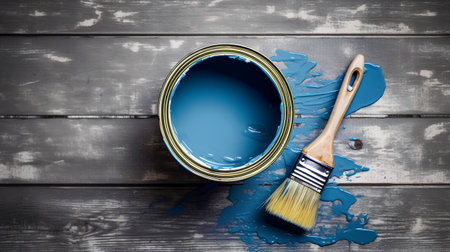 Paintbrush and can of blue paint on a wooden background.の素材