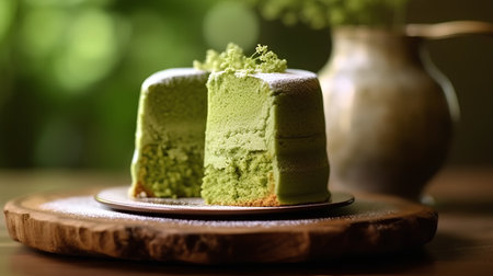 Green tea chiffon cake on wooden table. Selective focusの素材