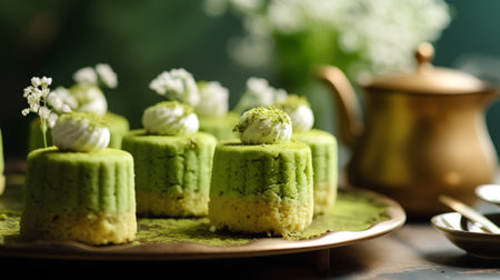 Green tea cake with lily of the valley on a dark backgroundの素材
