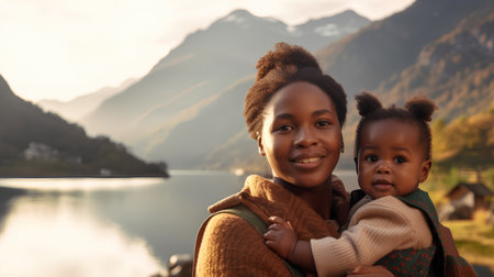 Portrait of happy African American mother with her little daughter in mountainsの素材