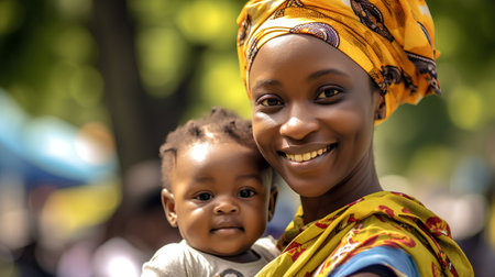 Portrait of a smiling African woman with her baby in her armsの素材