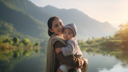 Asian mother holding her baby on the mountain lake in the morning.の素材