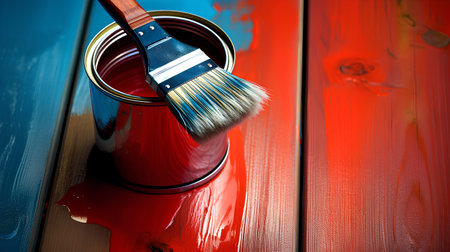 Paint brush and can of red paint on a wooden background.の素材
