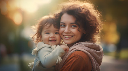 Beautiful young mother and her daughter in the park at sunset.の素材