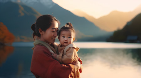 Mother and daughter in warm clothes on the background of mountains and lakeの素材