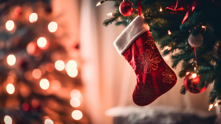 Christmas stocking hanging on christmas tree with lights bokeh backgroundの素材