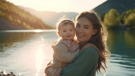 Mother and daughter on the background of a mountain lake at sunset.の素材
